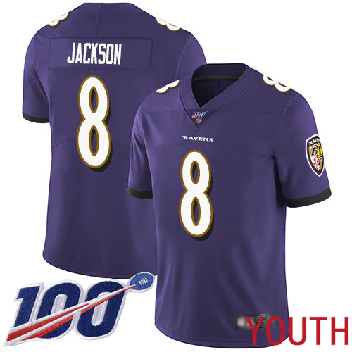 Baltimore Ravens Limited Purple Youth Lamar Jackson Home Jersey NFL Football 8 100th Season Vapor Untouchable
